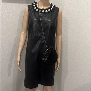 Cache’ Elegant Black Sleeveless faux leather Dress with Pearl Accents